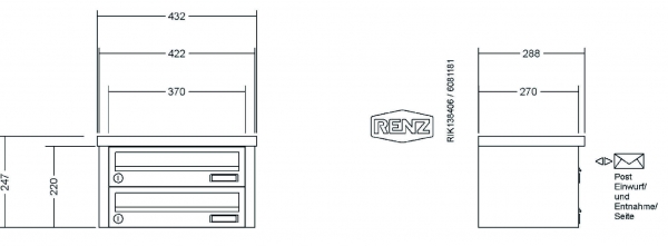 RENZ Briefkastenanlage Aufputz, Tetro, Edelstahl V4A, Kastenformat 370x110x270mm, 2-teilig